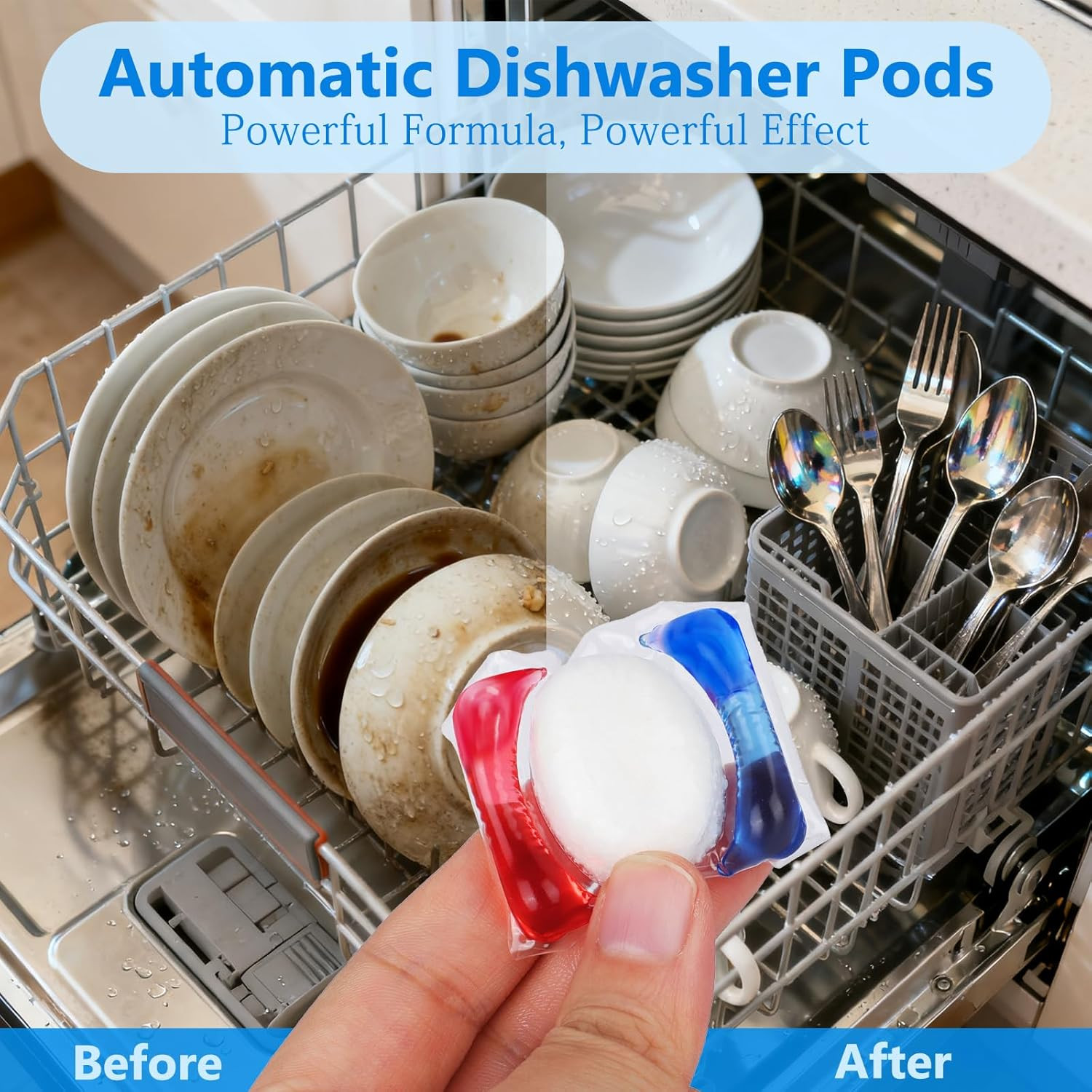 32 Count Dishwasher Pods, No Pre-Rinse Dishwasher Detergent Soap on Stain and Gr
