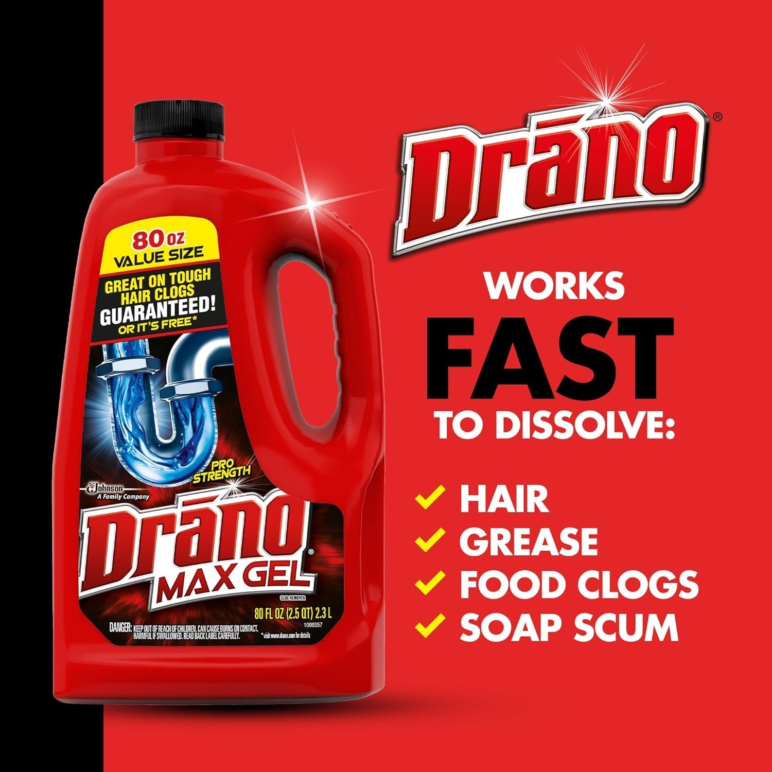 Drano Max Gel Clog Remover Unclogs Drains & Removes Hair, Soap Scum 80oz/2.3L