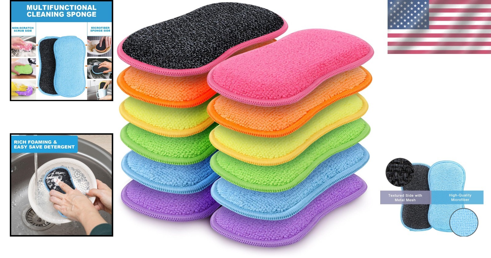 Durable 12 Pack Microfiber Sponges – Non-Scratch Design for All Kitchen Surfaces