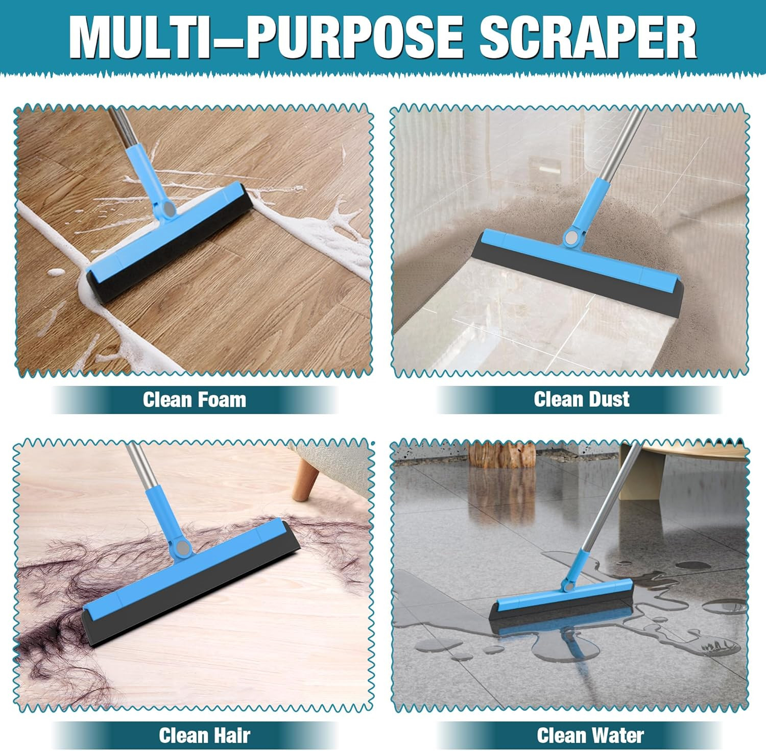 Floor Squeegee Adjustable 59” Long Handle Professional Floor Squeegee with Hook
