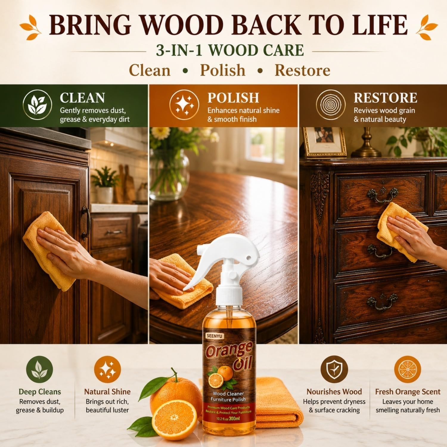 Professional-Grade Wood Cleaner & Polish with Orange Oil – Non-Toxic 10.2 Fl Oz
