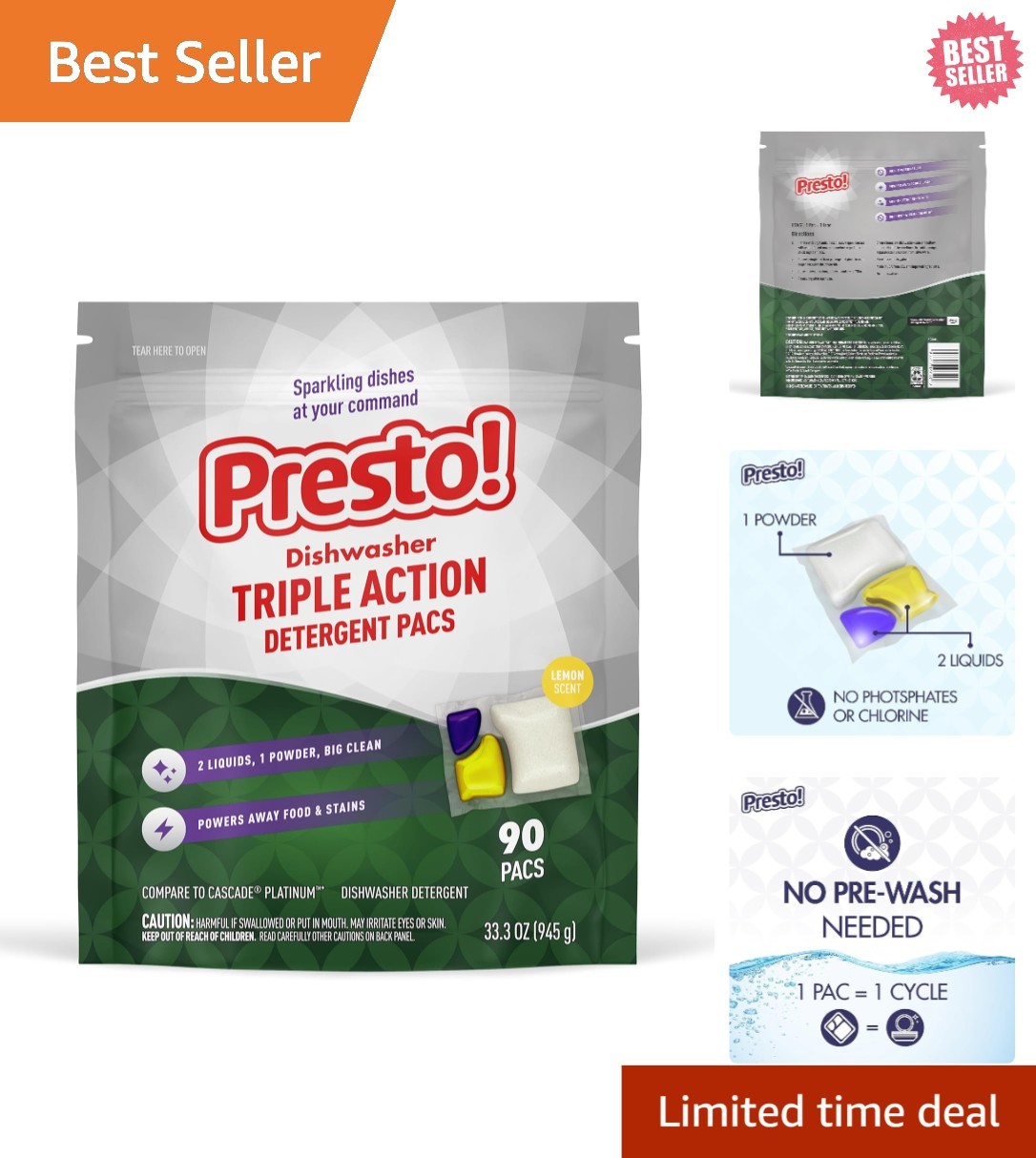 Presto Triple Action Dishwasher Pacs Lemon Scent 90 Count Fresh Scent Power