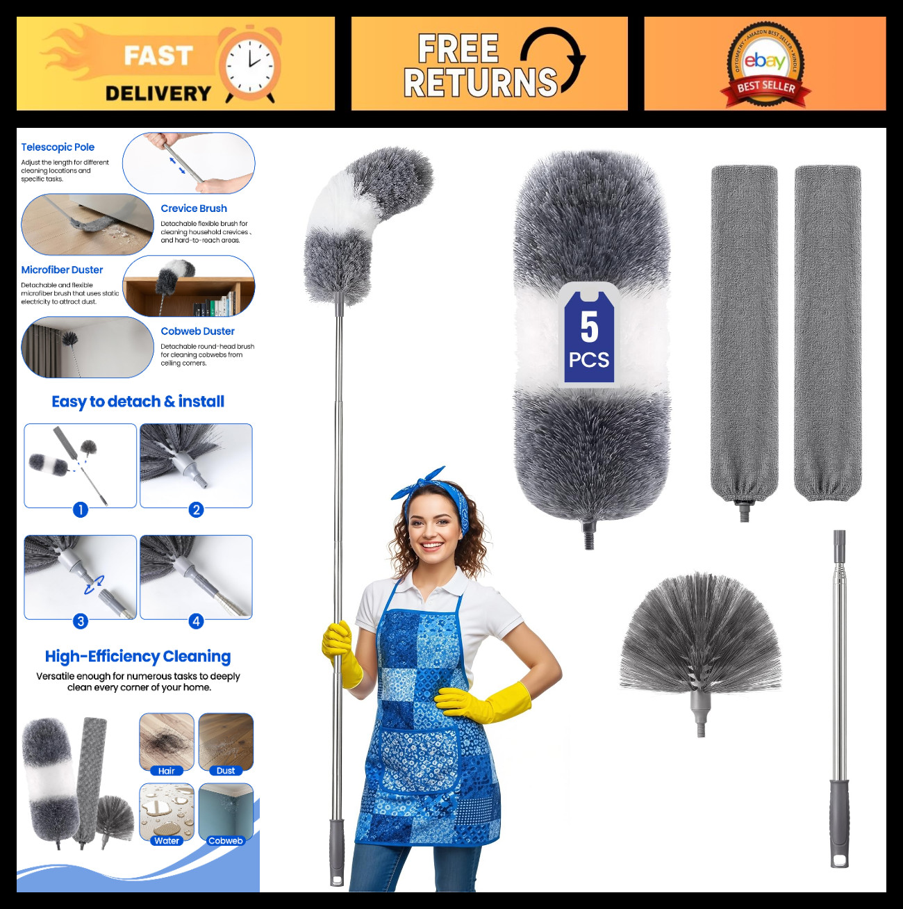 Extra-Long Duster Kit with Extension Pole, Microfiber Dusting Cloths, 5-in-1 Cle
