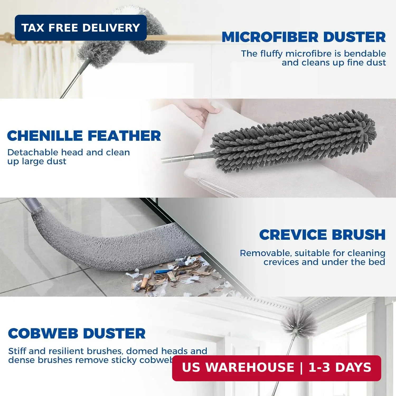 9Pcs Dusters for Cleaning Kit, Extendable Microfiber Duster Tools with 100″ Long