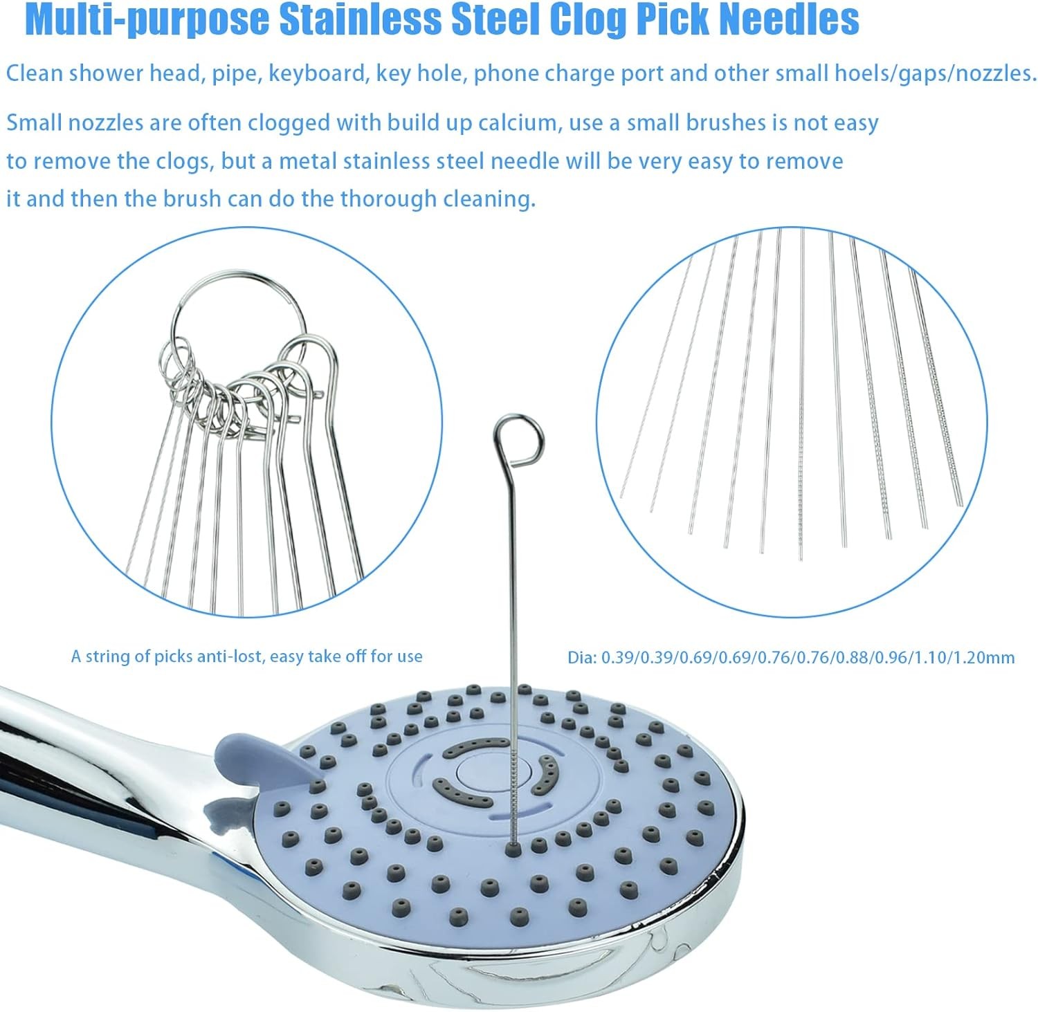 Shower Head Cleaner, 10PCS Stainless Steel Picks & 15PCS Orange Nylon Bristle Br