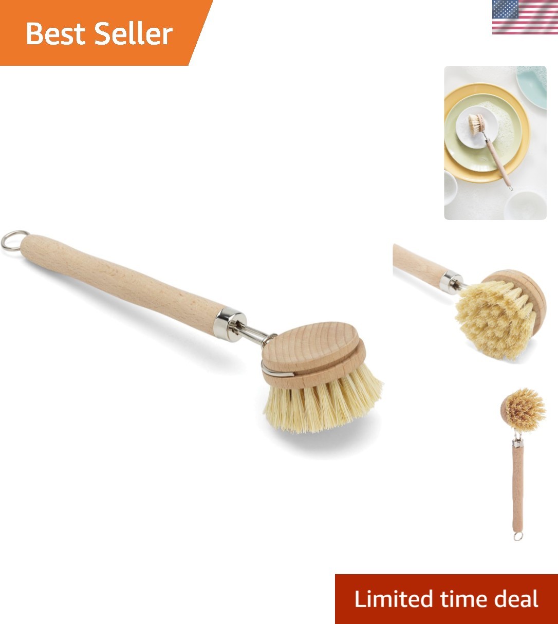 74906 Natural Dish Brush, Tampico Fiber Bristles Brown, 9″