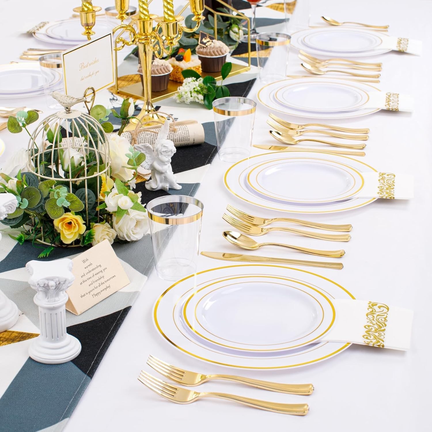 350 Pieces White and Gold Plastic Plates – 50 Guest Dinnerware Set Include 100