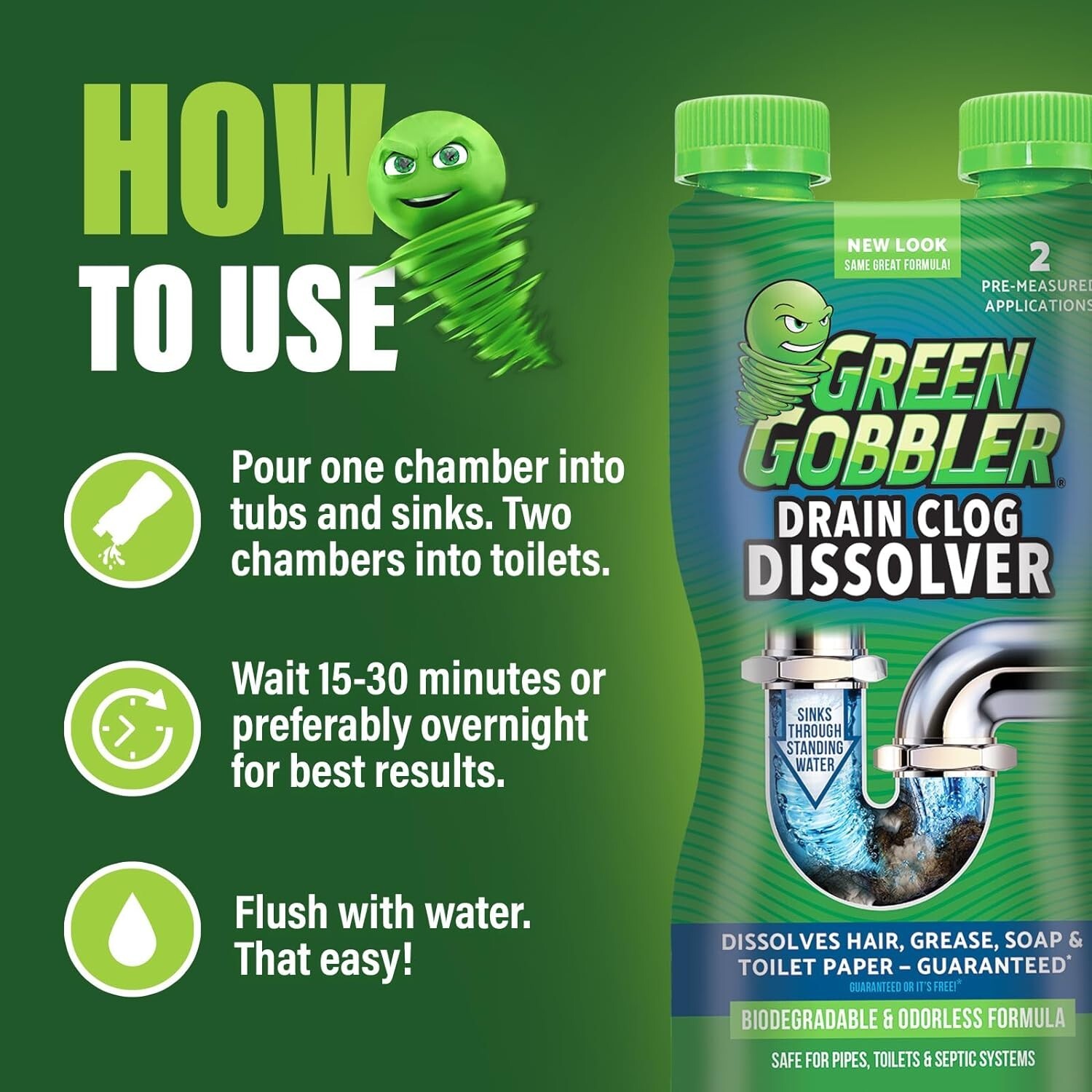 2 Pk Green Gobbler Liquid Hair Drain Clog Remover & Cleaner, Septic Safe, 31 oz