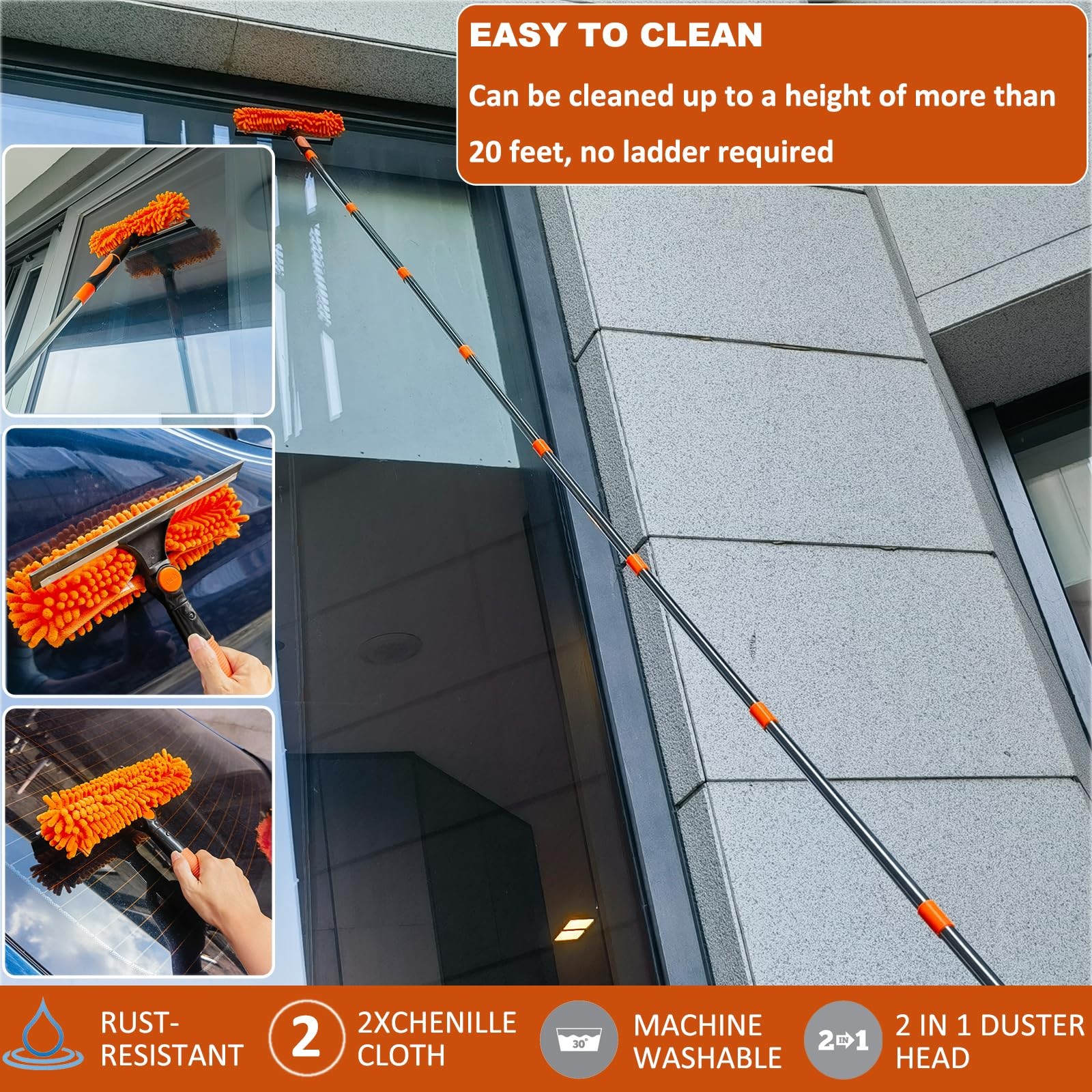 20ft High Reach Duster Kit – Extension Pole, Window Washer Squeegee