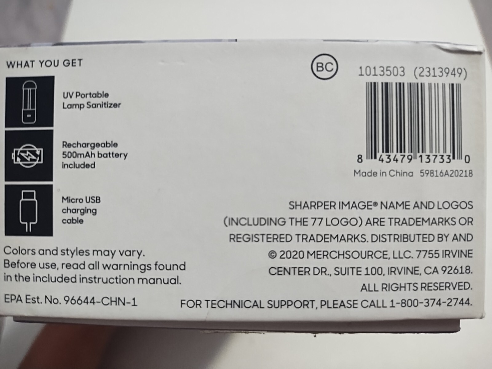 SHARPER IMAGE portable rechargeable LAMP SANITIZER for home, auto, office