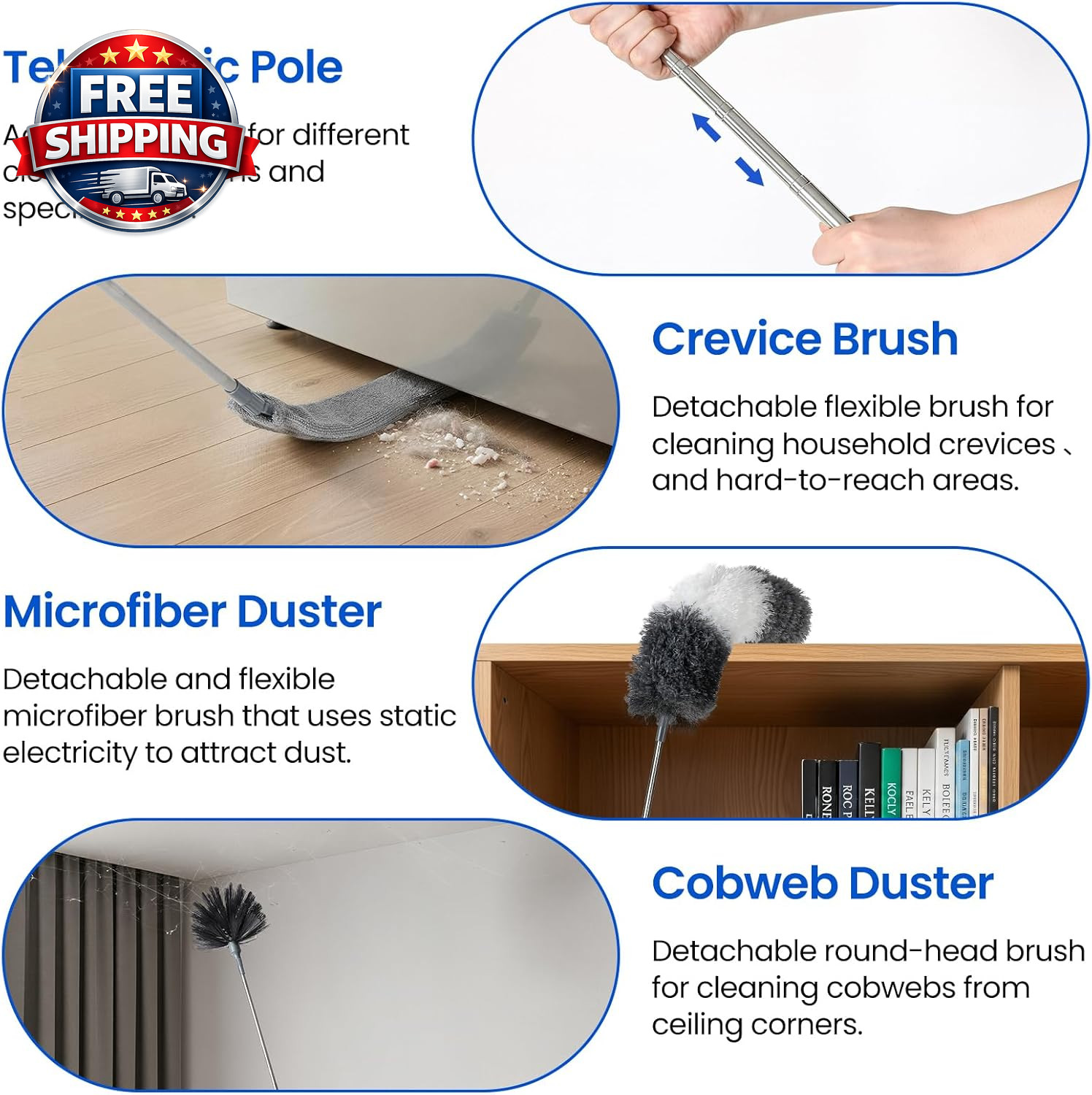 Extra-Long Dusters Kits with Extension Pole, Cobweb Duster, Microfiber Dusting C