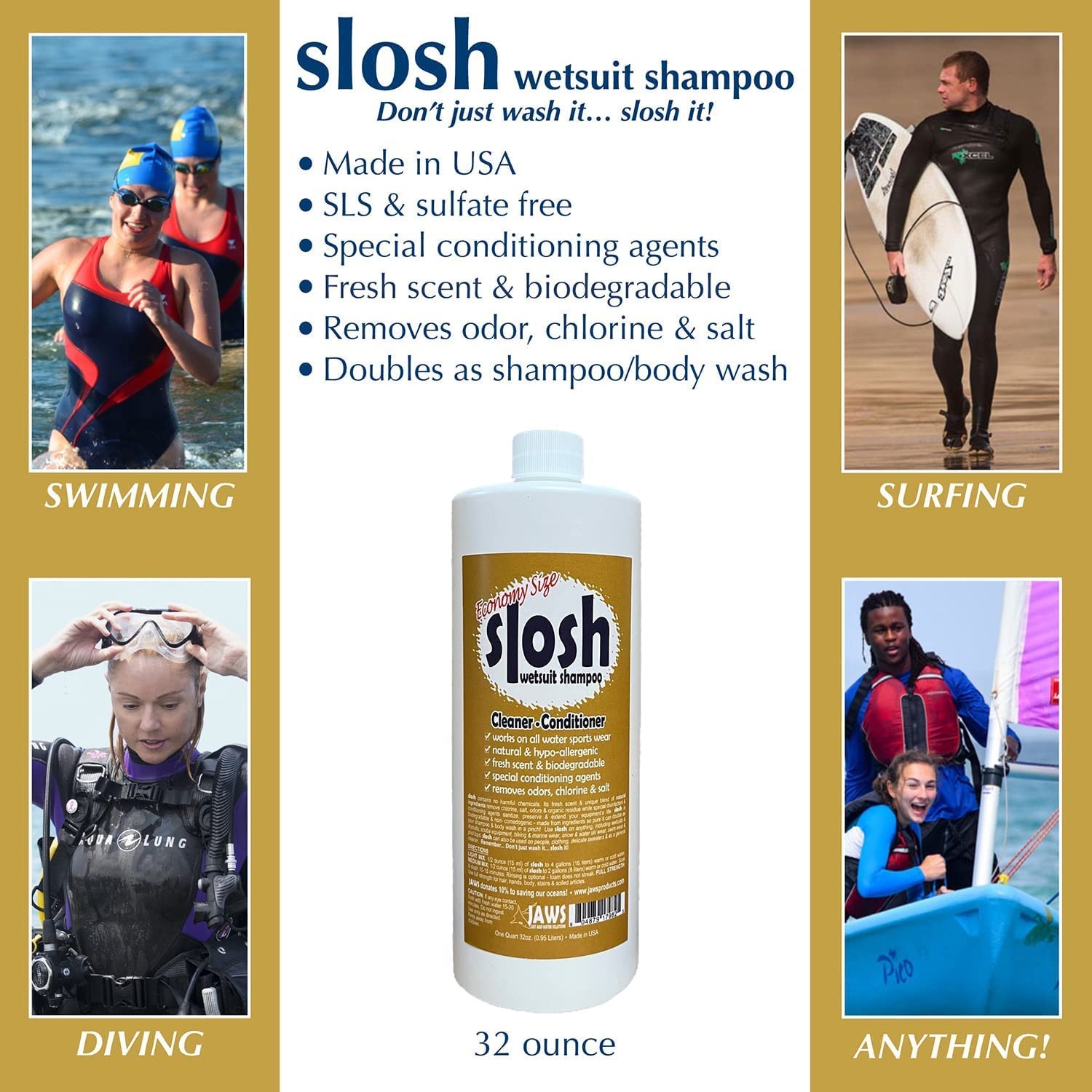 Just Add Water Jaws Slosh (Wetsuit Shampoo) 32 Ounce Cleaner Conditioner, Econom