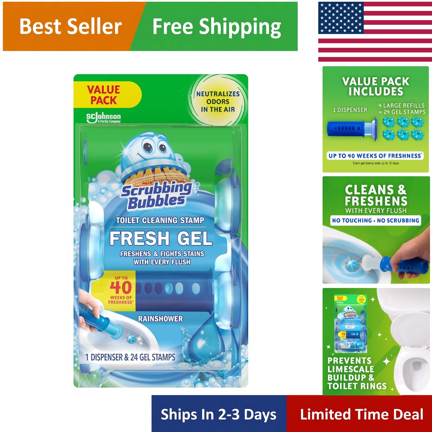 Scrubbing Bubbles Fresh Gel Toilet Stamps – 24 Count, Rainshower Scented Clean