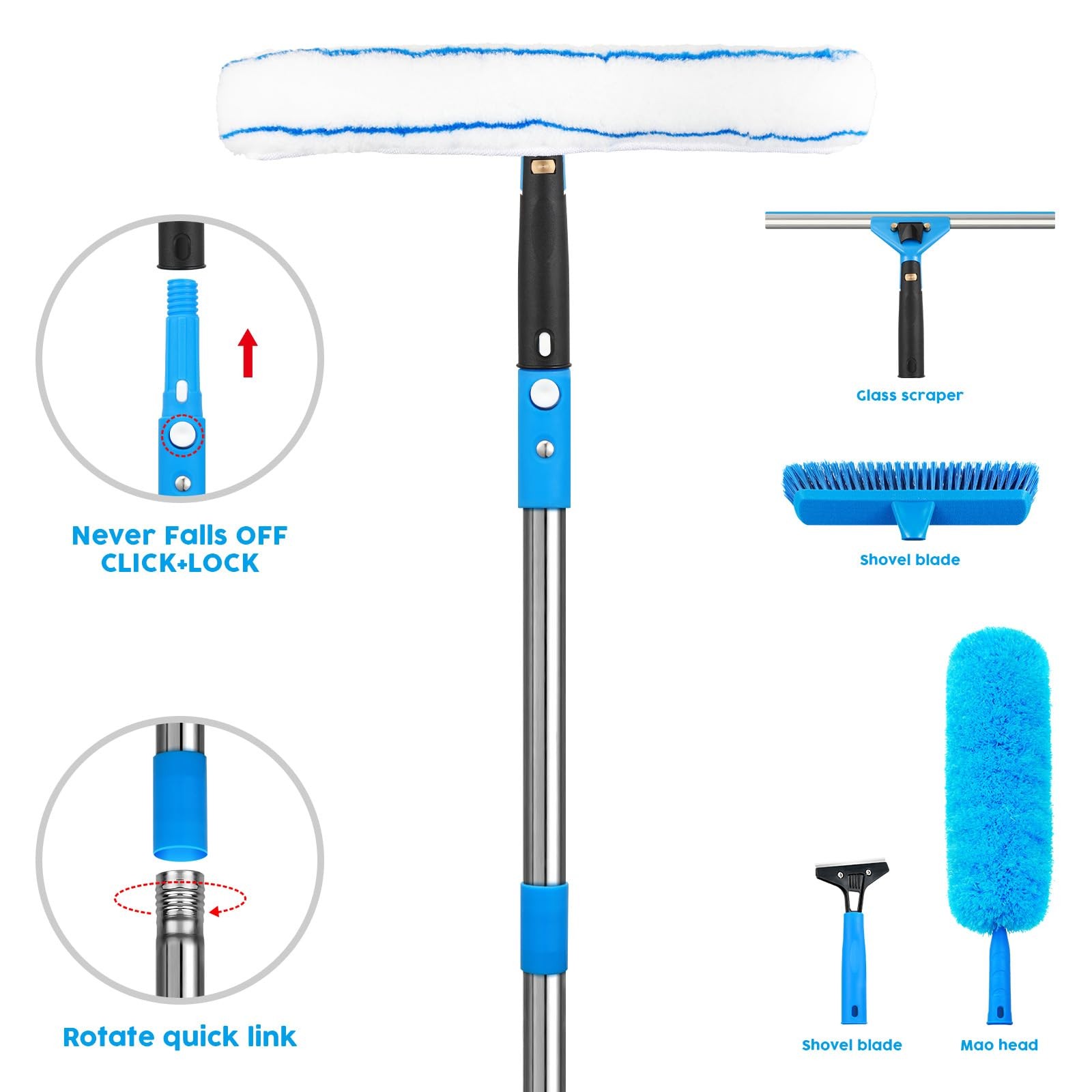 Window Squeegee，5 in 1 Bendable Head Window Squeegee for Home，61”Extension P…