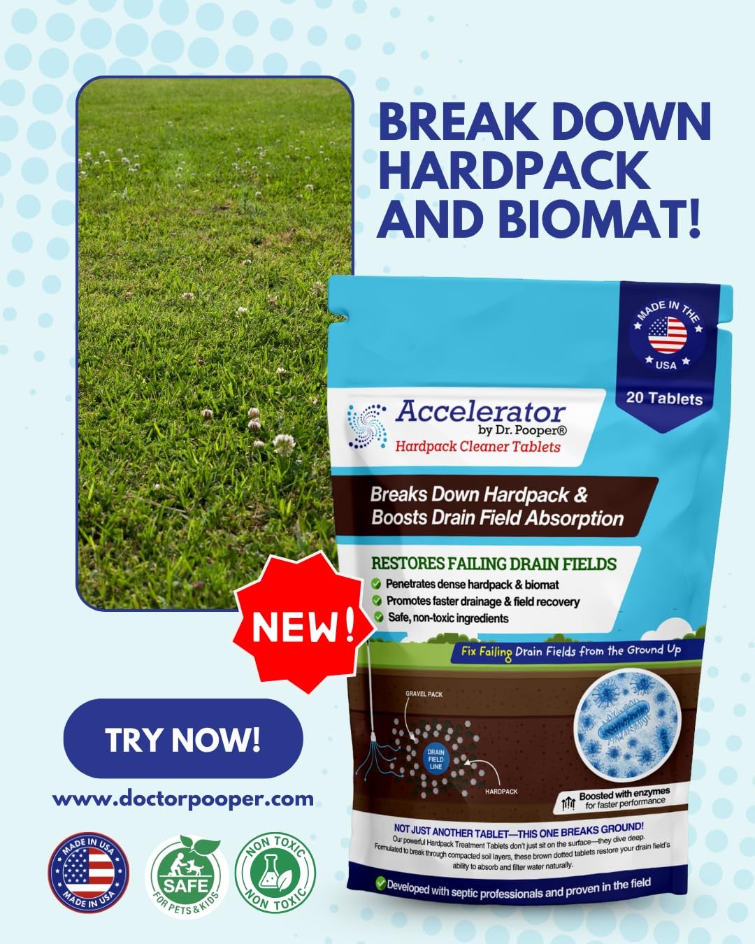 Hardpack Septic Cleaner Tablets 20ct – Boosts Drain Field Absorption & Breakdown