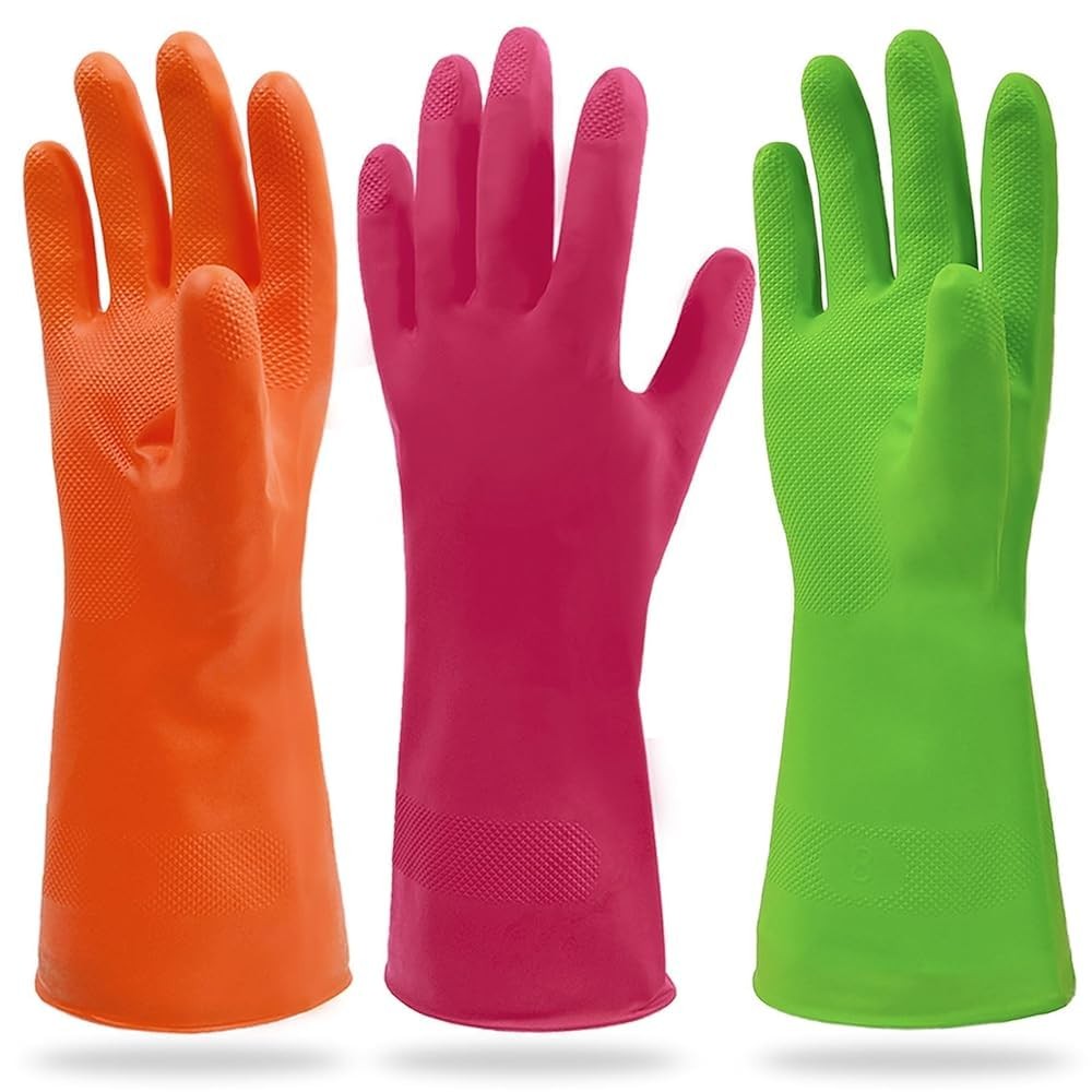 Cleanbear Cleaning Gloves Large, Reusable Nitrile Green,red,orange
