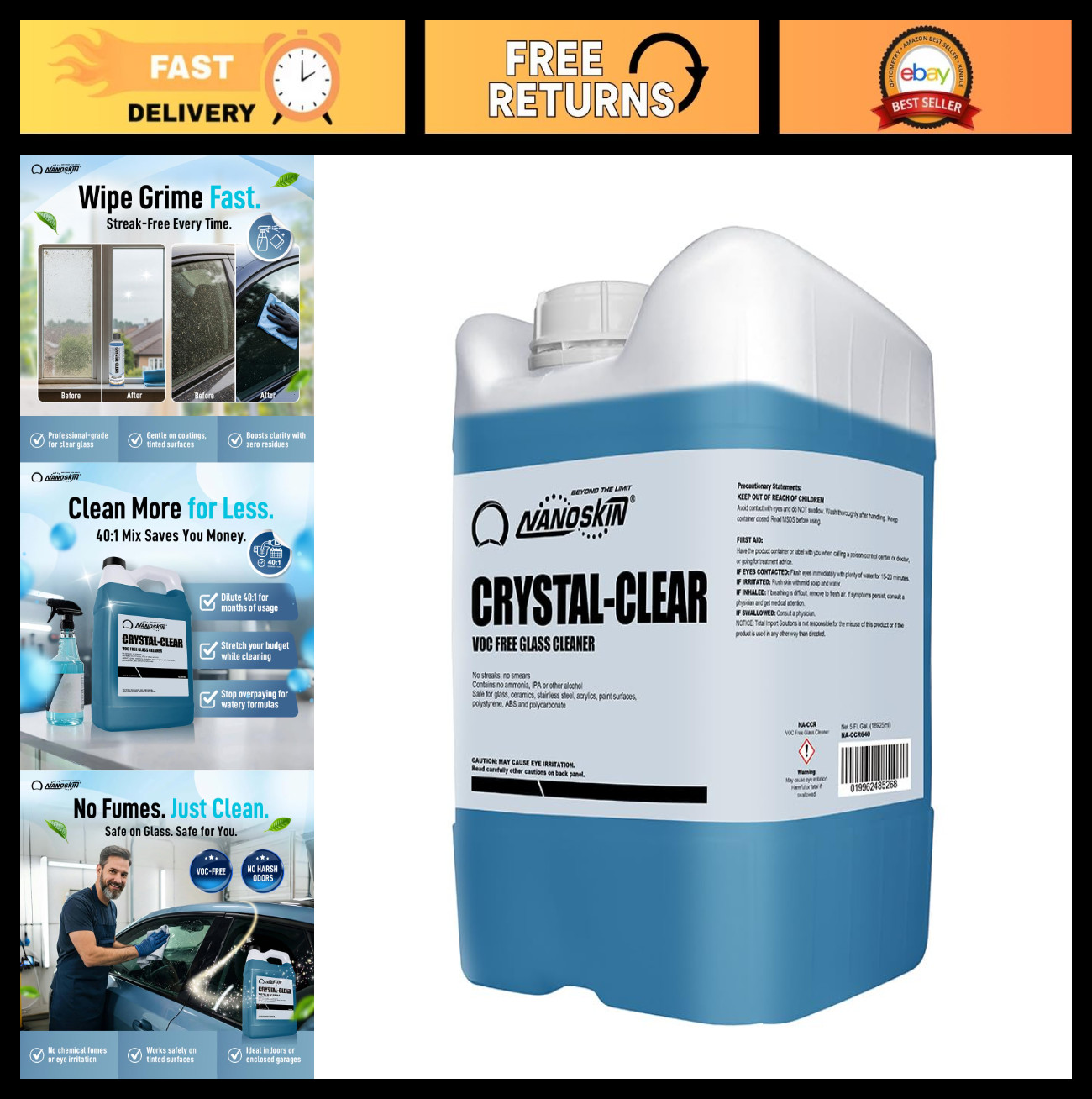 Eco-Friendly VOC-Free Glass Cleaner 5 Gallon – Ultra-Concentrated, Streak-Free F