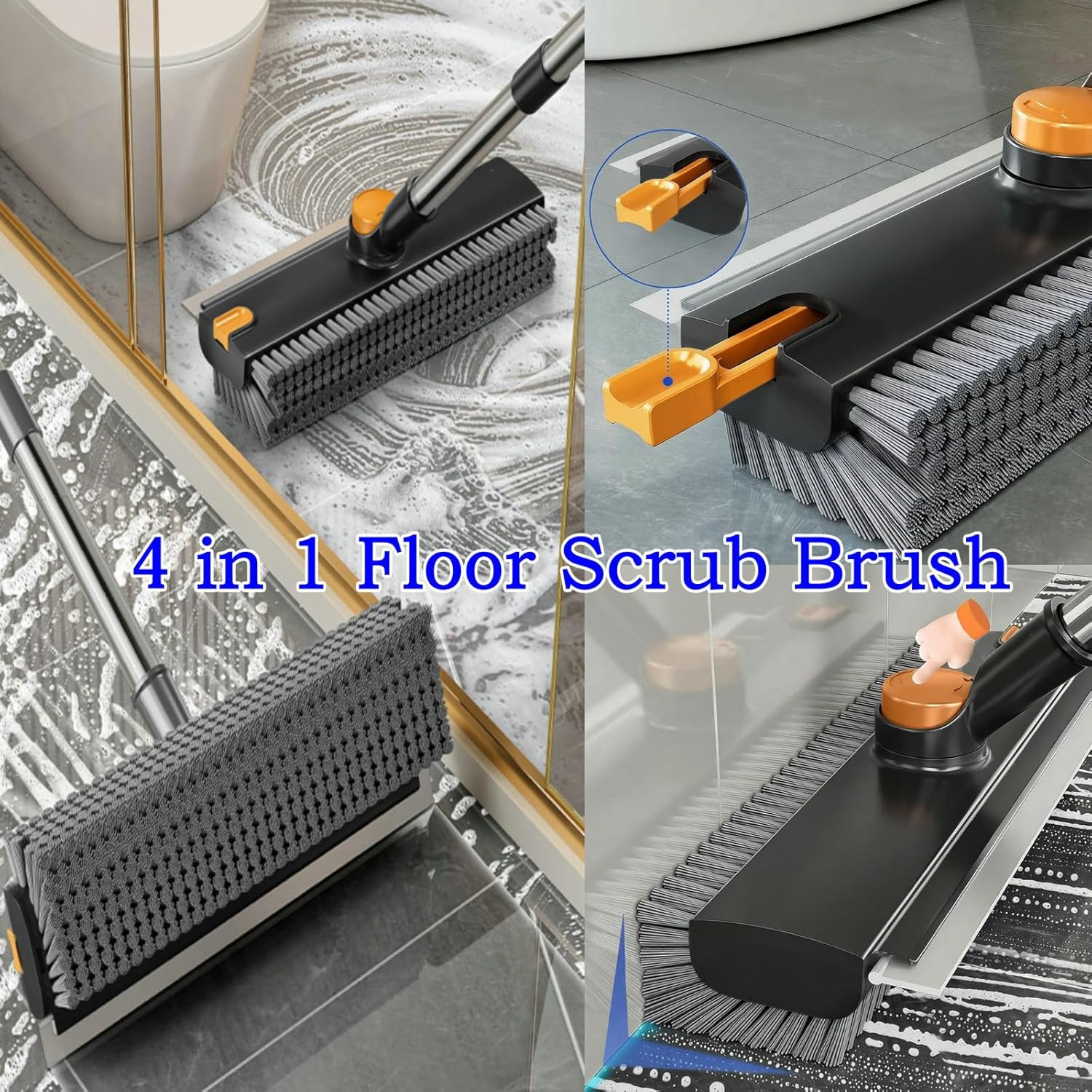 4 in 1 Floor Scrub Brush with Squeegee Long Handle Grout Brush 52” 2026 Upgrade