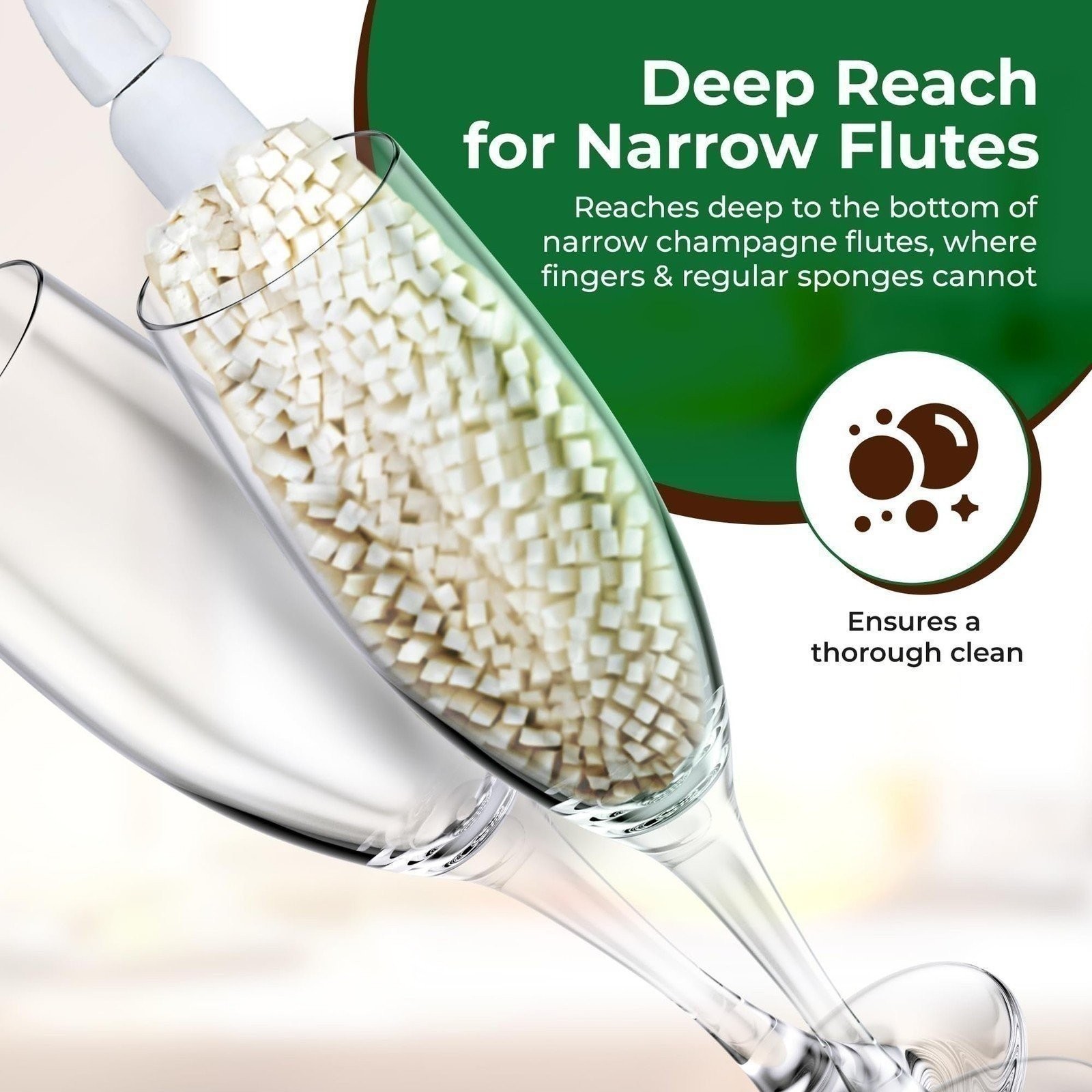Tupkee Flute Wine Glass Cleaning Brush – Soft Non-Scratch Foam Bristles
