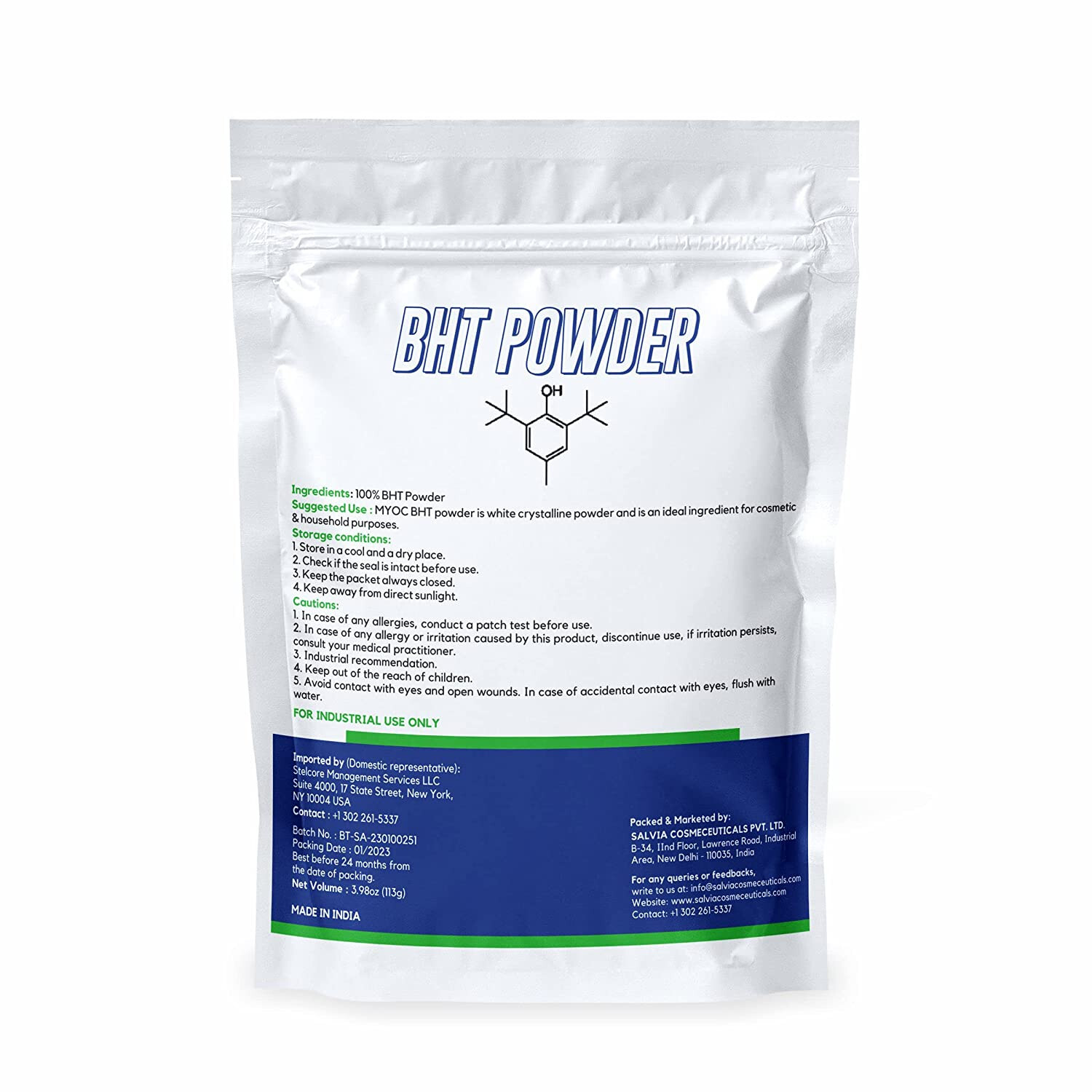 MYOC BHT (Butylated Hydroxytoluene) Powder, for Cosmetic Grade – 113g/3.98 Oz.