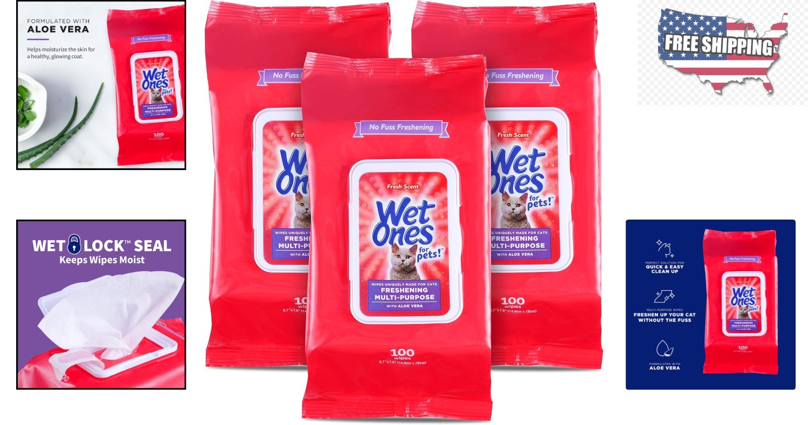 Gentle Freshening Cat Wipes with Aloe Vera, 100 ct – 3 Pack for Easy Grooming