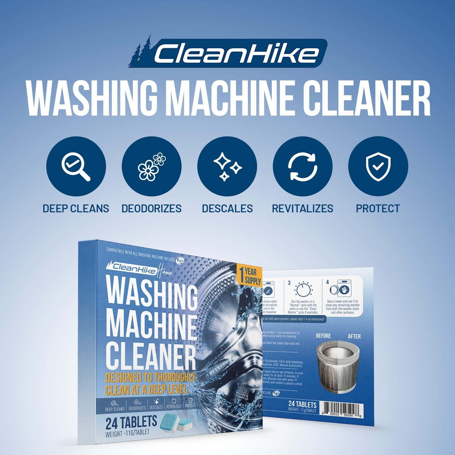 Washing Machine Cleaner Tablets 24 Pack Deep Cleaning Descaler Front Load