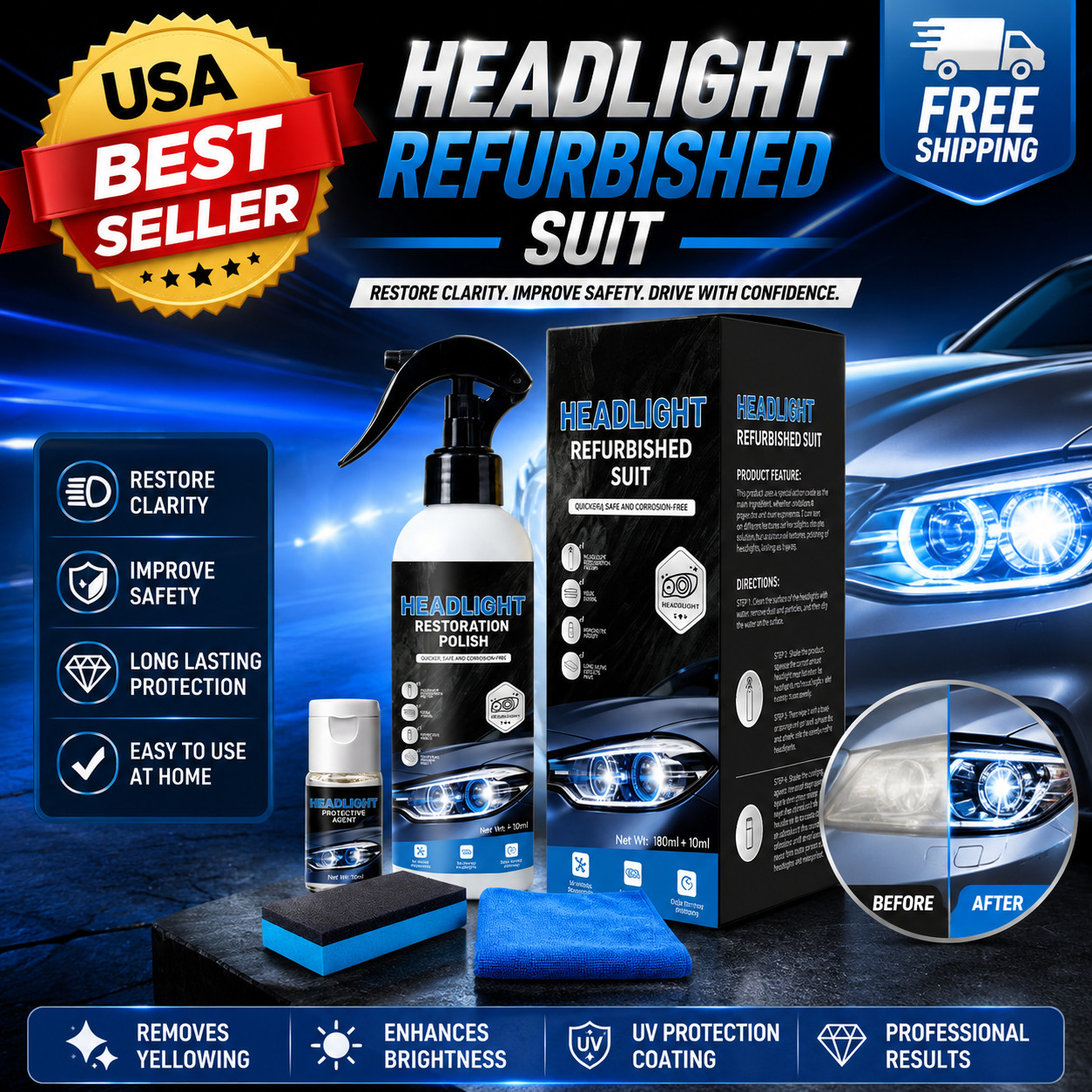 Automotive Headlight Restoration Kit,Headlight Cleaner For Oxidized,Yellowed
