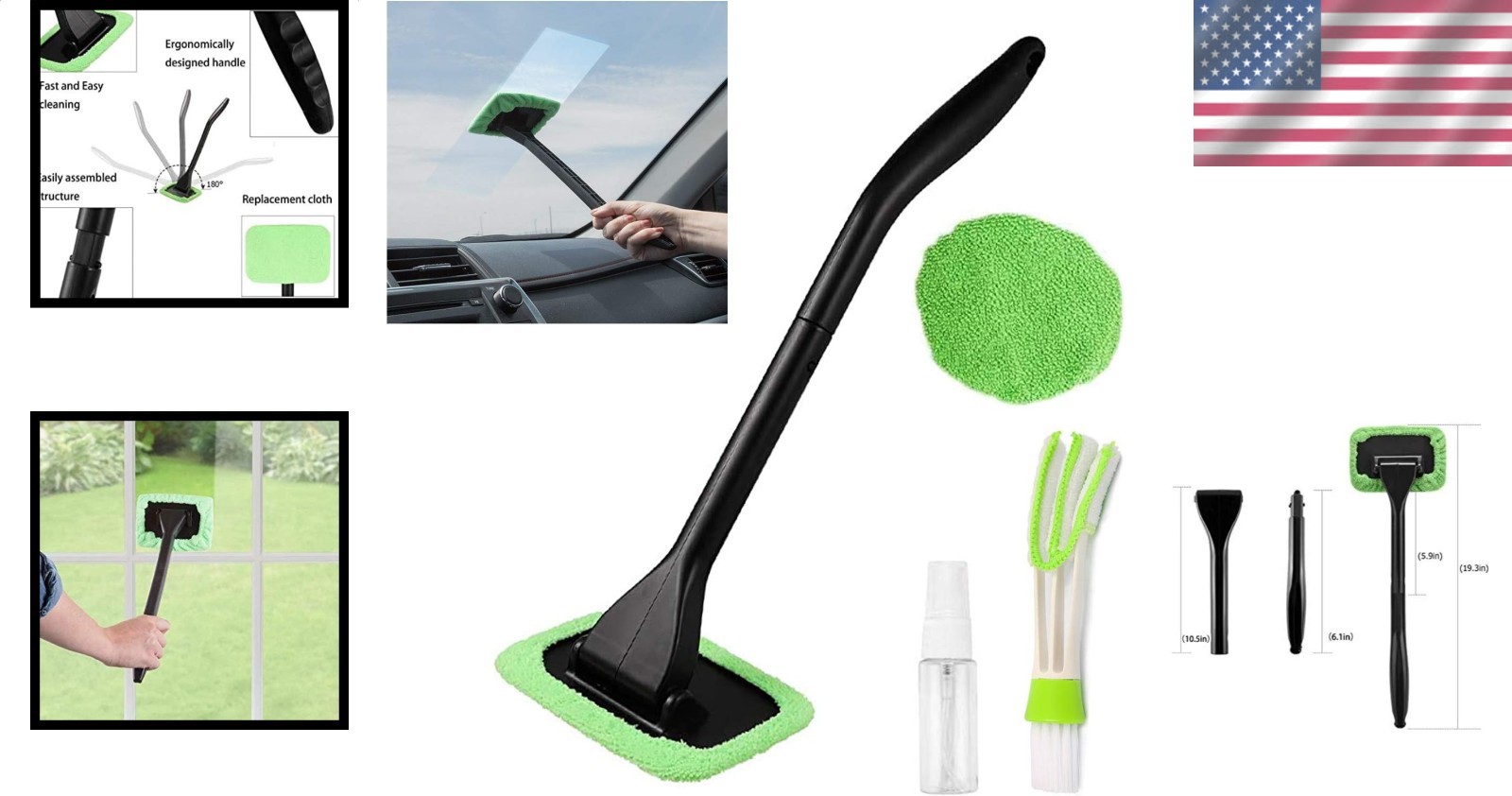 Interior Windshield Cleaner Tool, Reusable Pads, Extendable Handle Kit