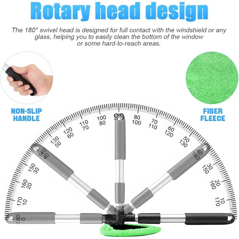 Extendable Windshield Cleaner 180 Degree Rotation Microfiber Cloth Reusable Tool