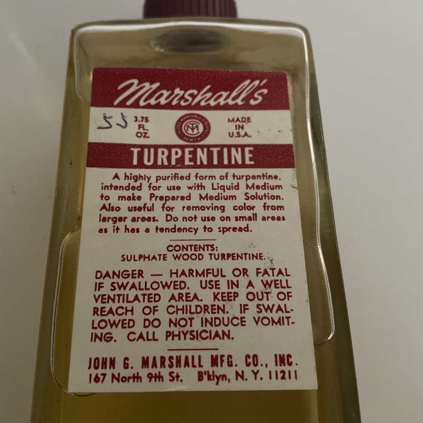Vintage Marshall’s Turpentine Full Bottle 3.75 Fl Oz Art Paint Brush Cleaning