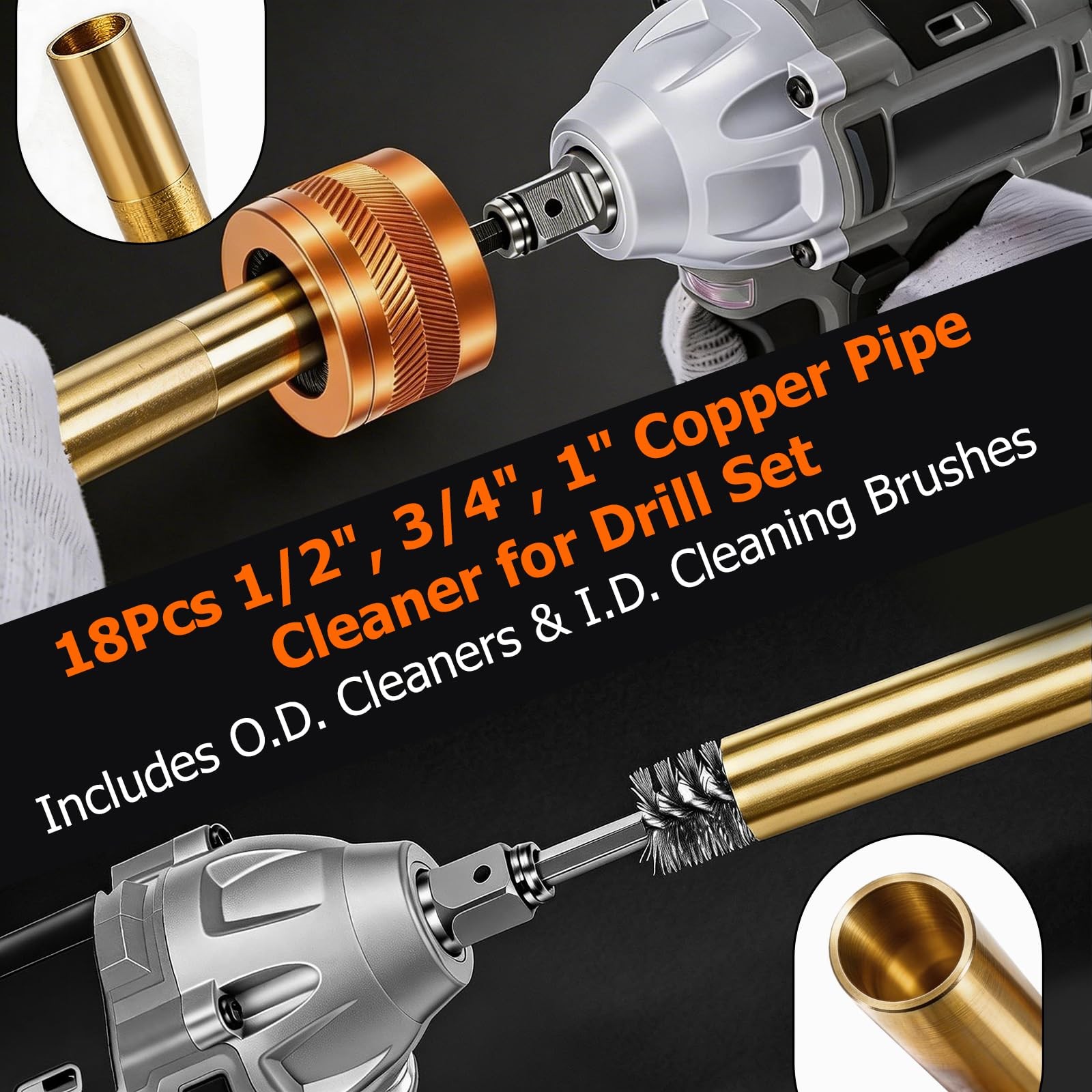 1/2″ & 3/4″ & 1″ Metal Copper Pipe Cleaner Set, with 1/4 Hex Shank, Each Size…