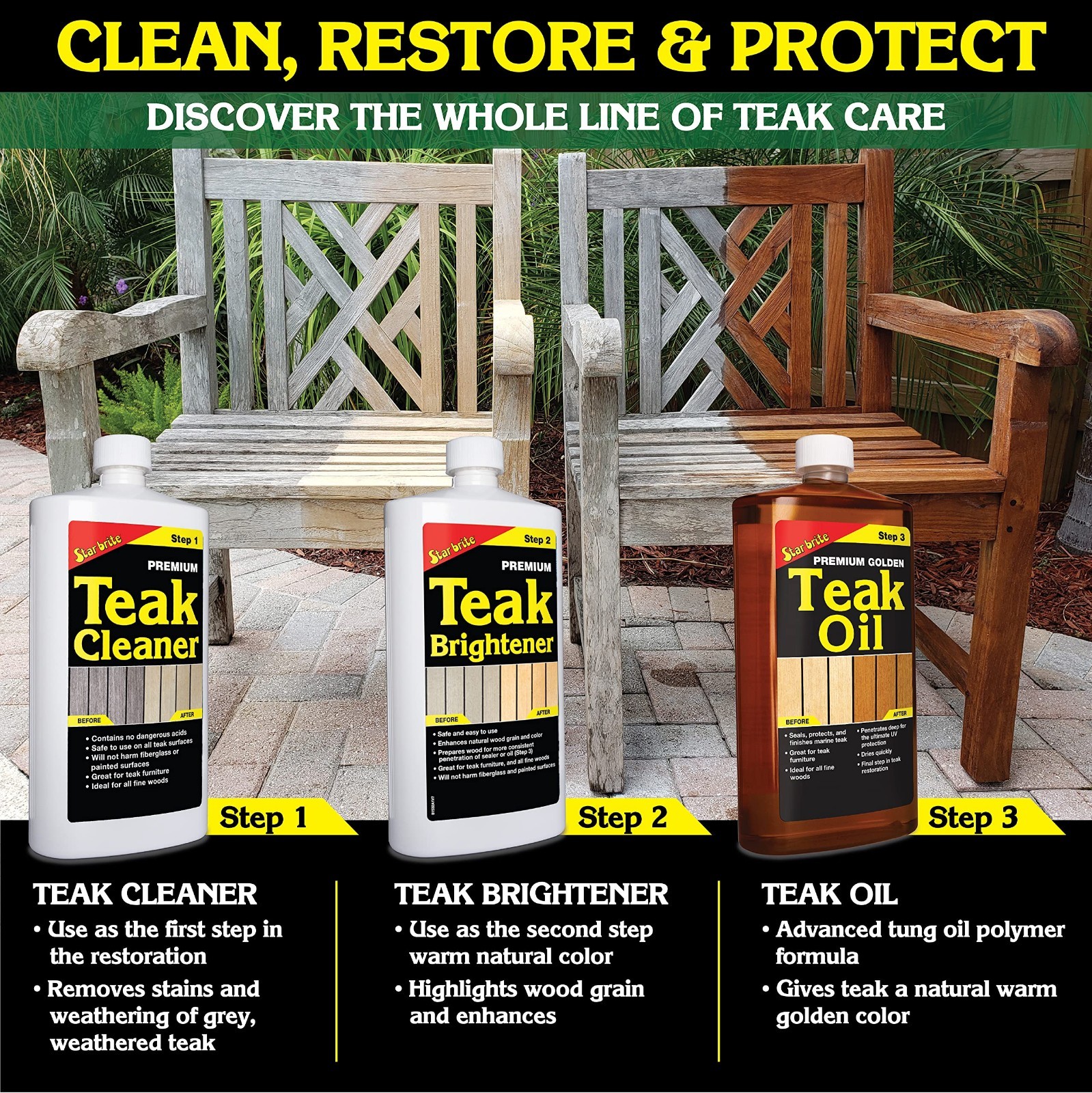 Teak Cleaner & Restorer – 32 OZ Premium Formula for Weathered Gray Teak & Wood