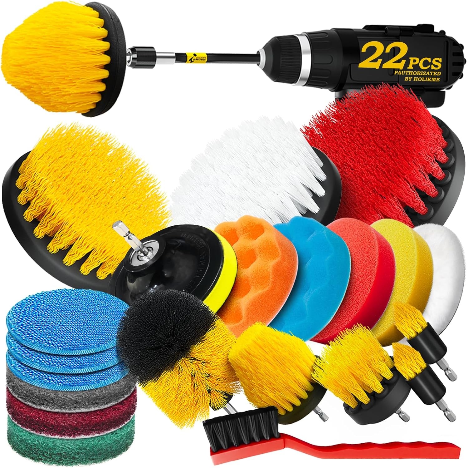 Holikme 22Pack Drill Brush Attachments Set,Scrub Pads & Sponge, Buffing Pads,…