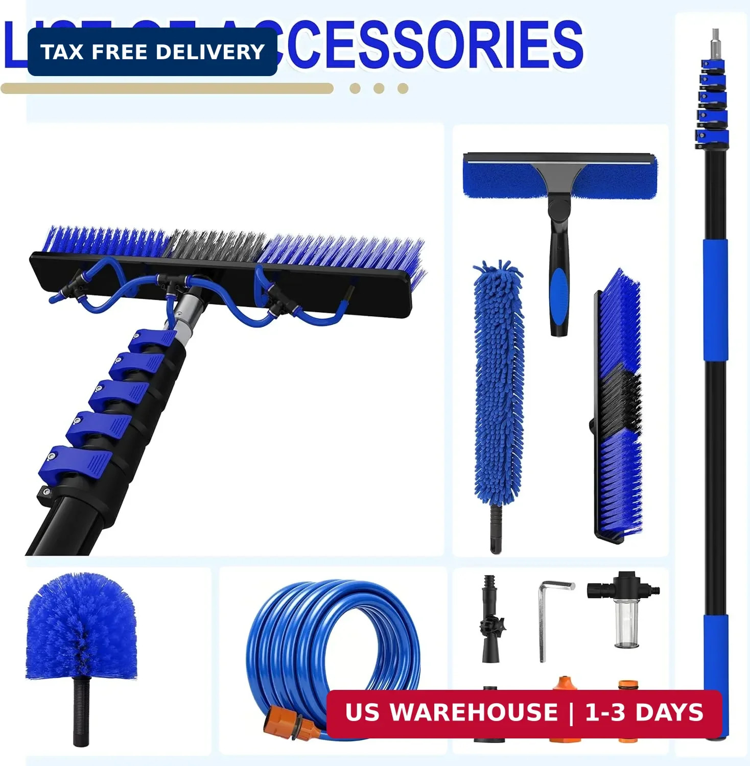 30FT Reach Solar Panel Cleaning Brush Kit with 5-24FT Telescoping Pole, 40FT Hos