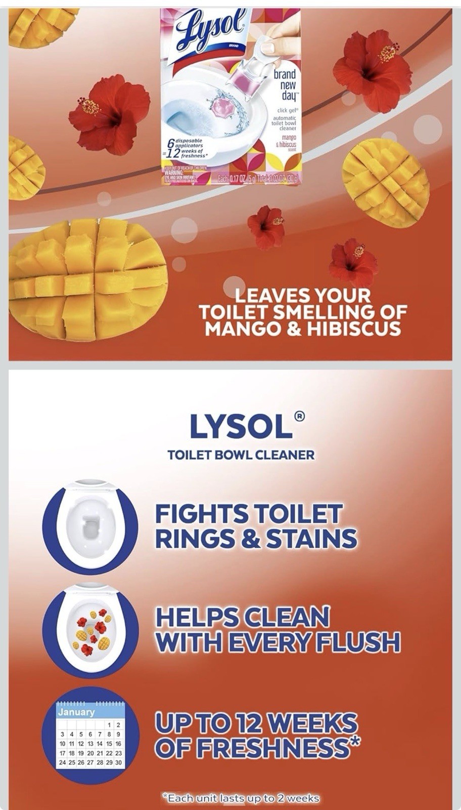 Lysol Click Gel Automatic Toilet Bowl Cleaner, Mango & Hibiscus Scent, 6 Count
