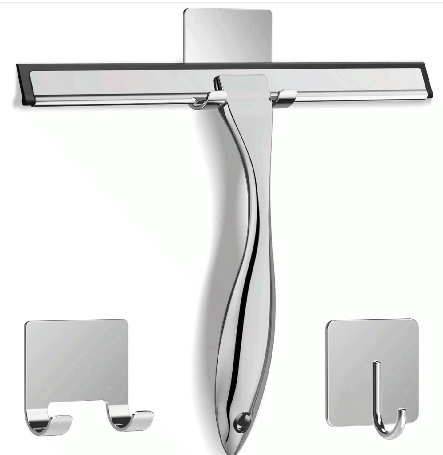 Stainless Steel Shower Squeegee w Hooks for Glass Mirror Tile 10in