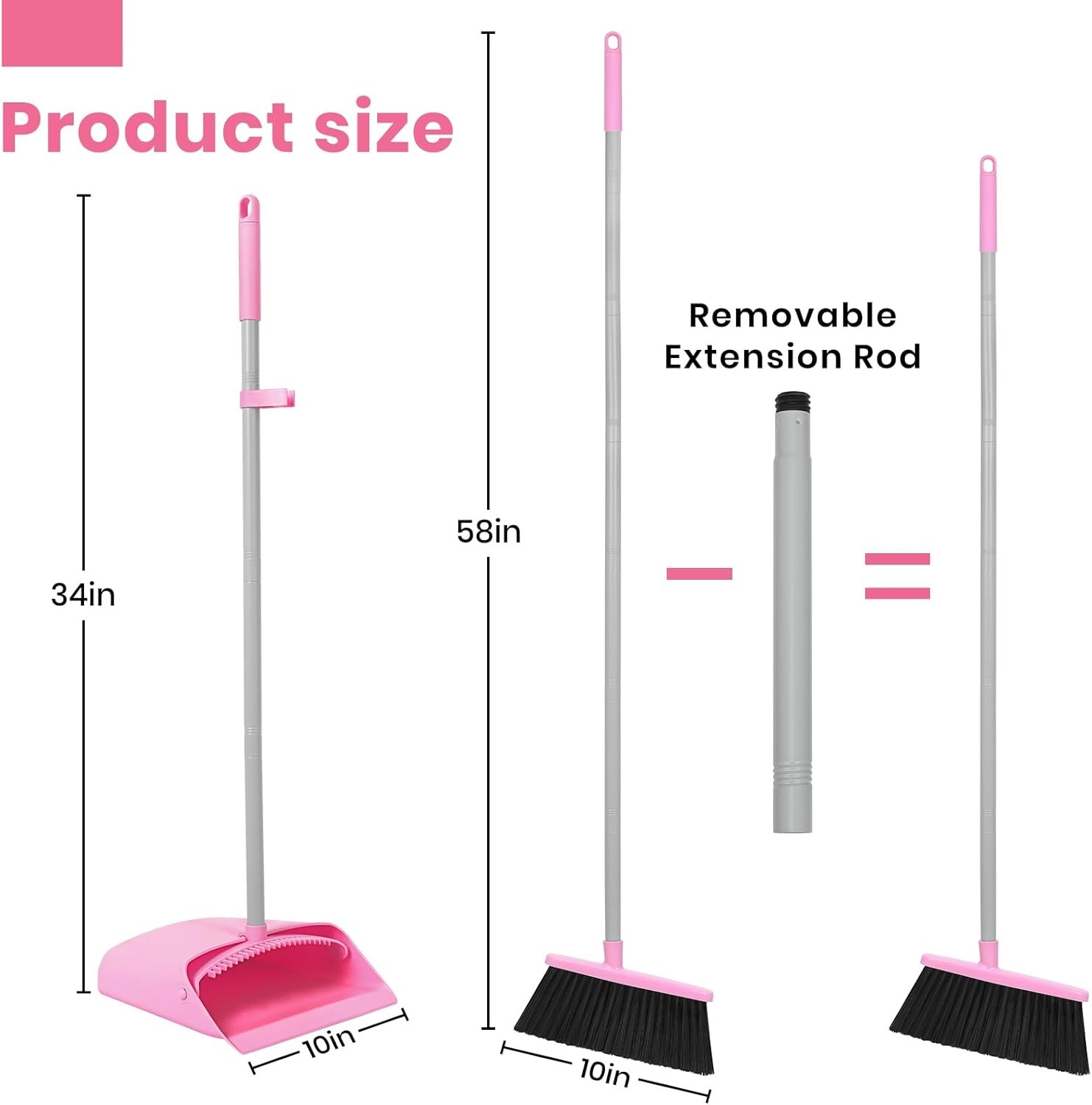 Pink Broom and Dustpan Set, 58” Long Adjustable Handle Small Broom