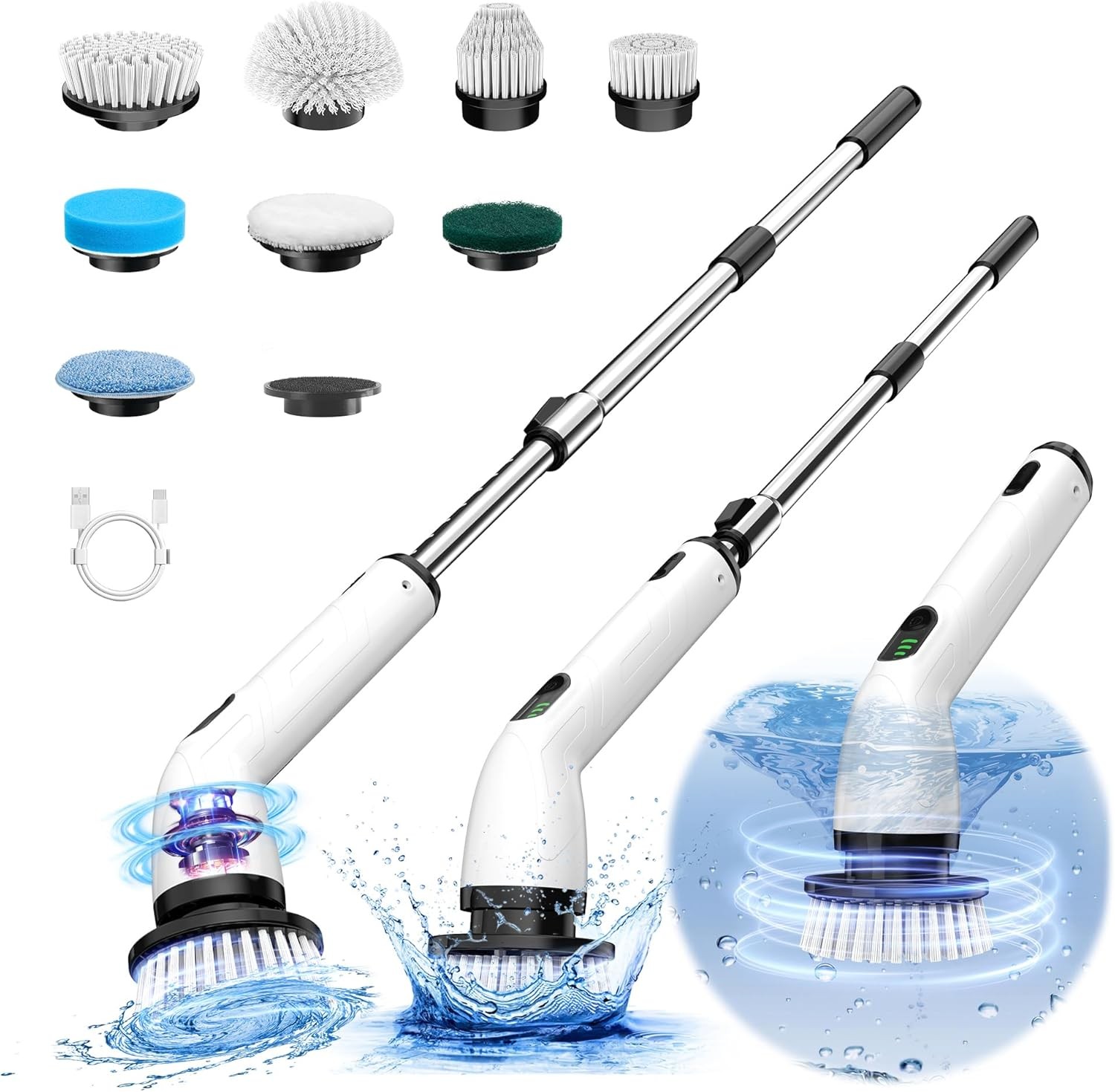 Electric rotating cleaning brush, IPX7 waterproof rating, extended handle.