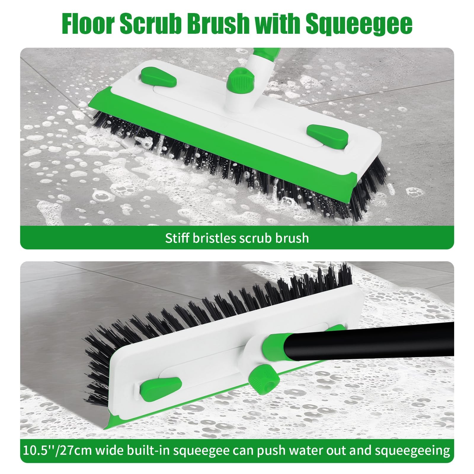 Floor Scrub Brush with Long Handle, 3-in-1 Scrape Scrubber Brush with Squeege…