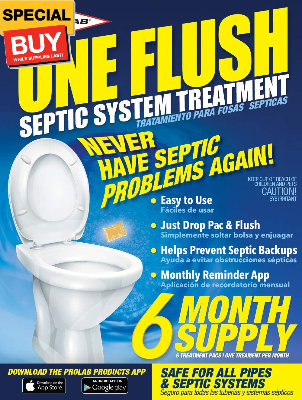 ONE FLUSH – Septic Tank Treatment Packets, 6-Month Supply of Easy-Flush Bacteria