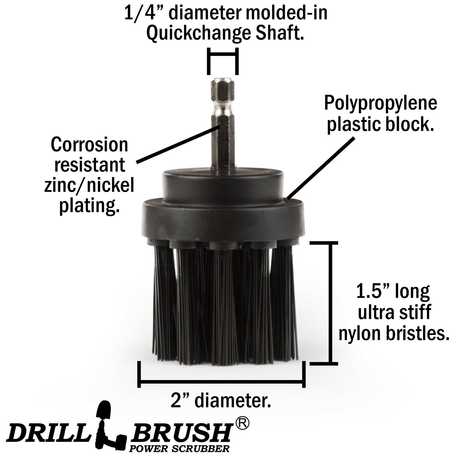 2 Inch Diameter Black Ultra Stiff Bristle Drill Brush for Removing Baked on Food