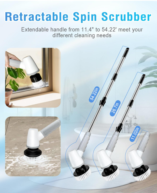 Limpiador eléctrico giratorio con mango ajustable y 8 cepillos para baño, Nuevo