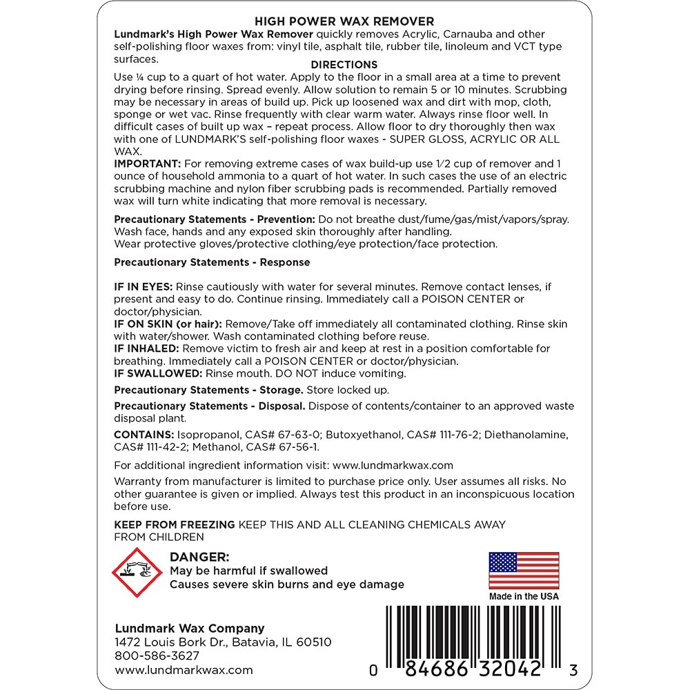 Lundmark High Power Wax Remover, Commercial Strength Floor Wax Stripper, 32-O…