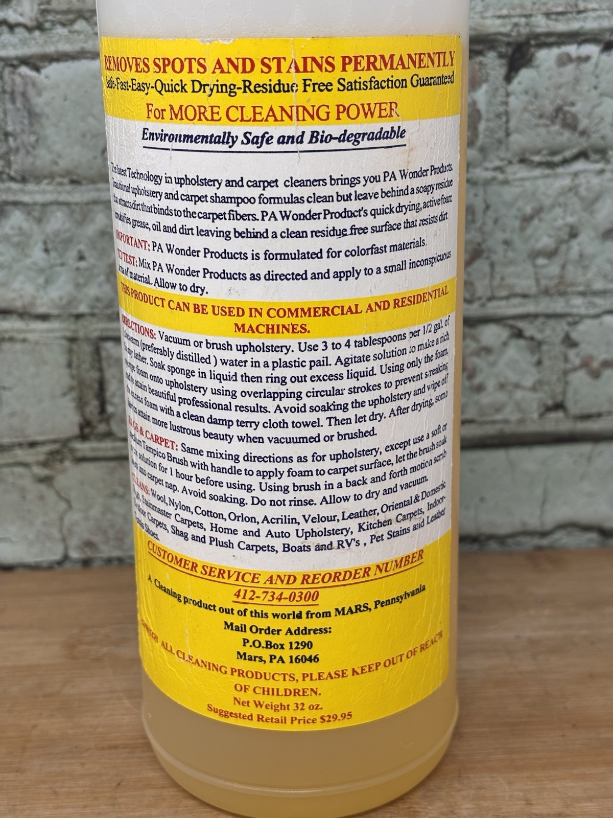 PA Wonder Products Upholstery and Carpet Cleaner Soapless Formula USA Open Btl