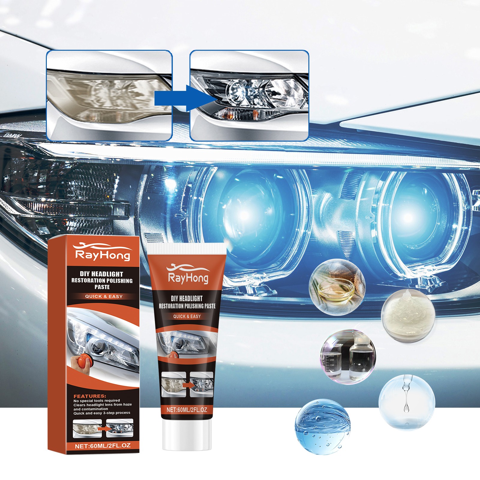 Headlight Restorer Kit UV Coating Scratch Remover Yellow Foggy Lens Cleaner