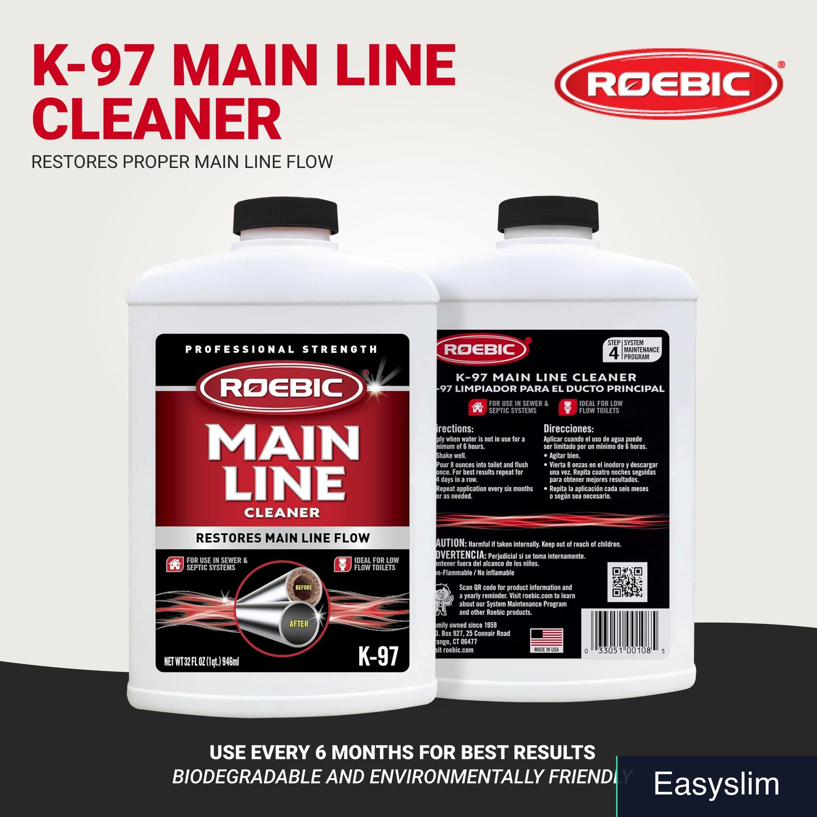 Sewer Main Line Drain Cleaner Liquid 32 oz Bacteria Enzymes Safe
