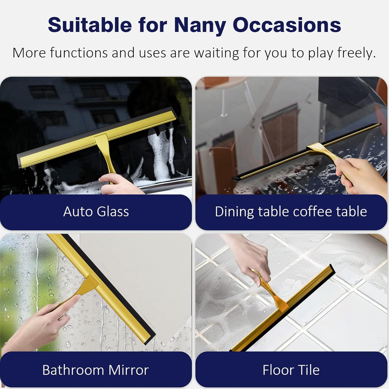 TOOVEM 12 Inch Shower Squeegee Cleaning Tools with S & Square Sticky Hook Gold
