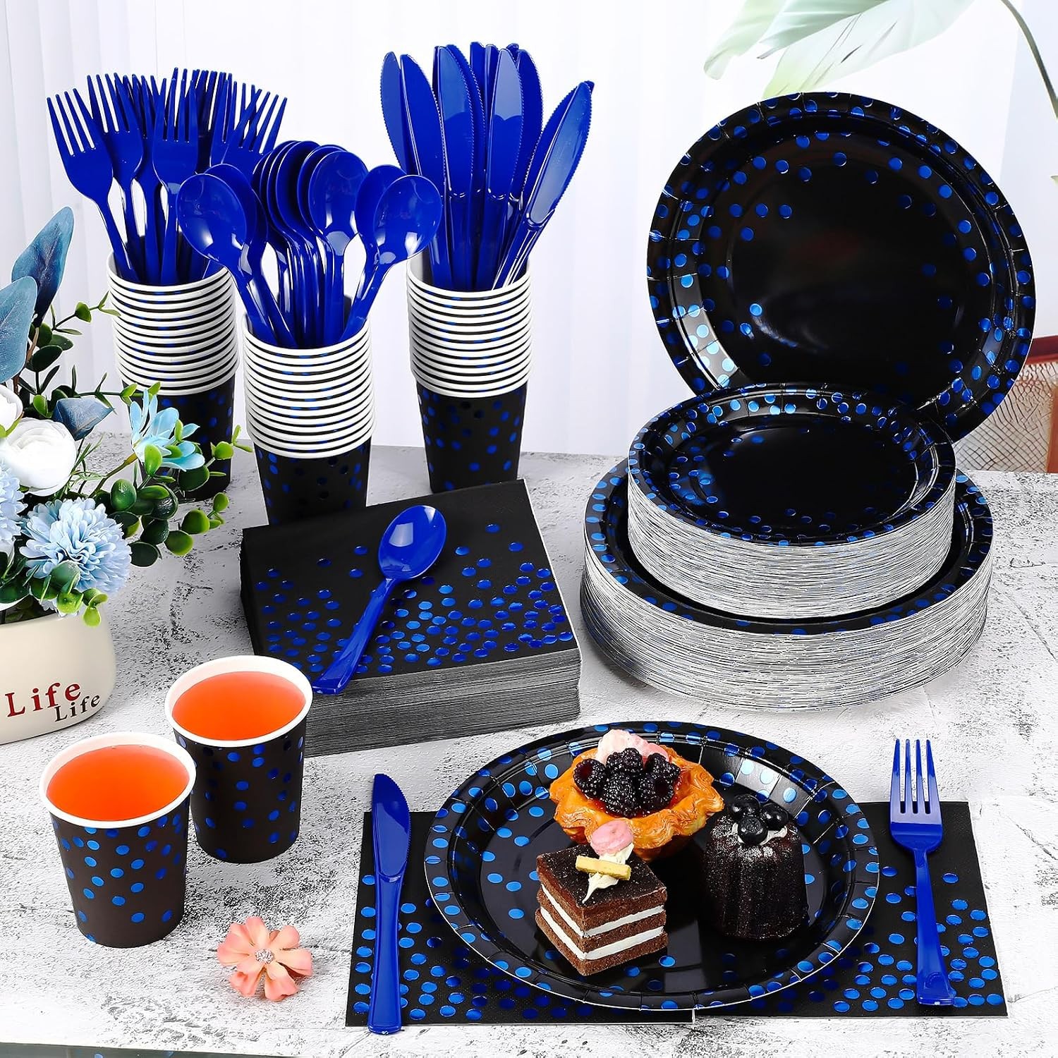 Sieral 560 Pcs Blue and Black Paper Plates Party Tableware Set Serve 80 Includ