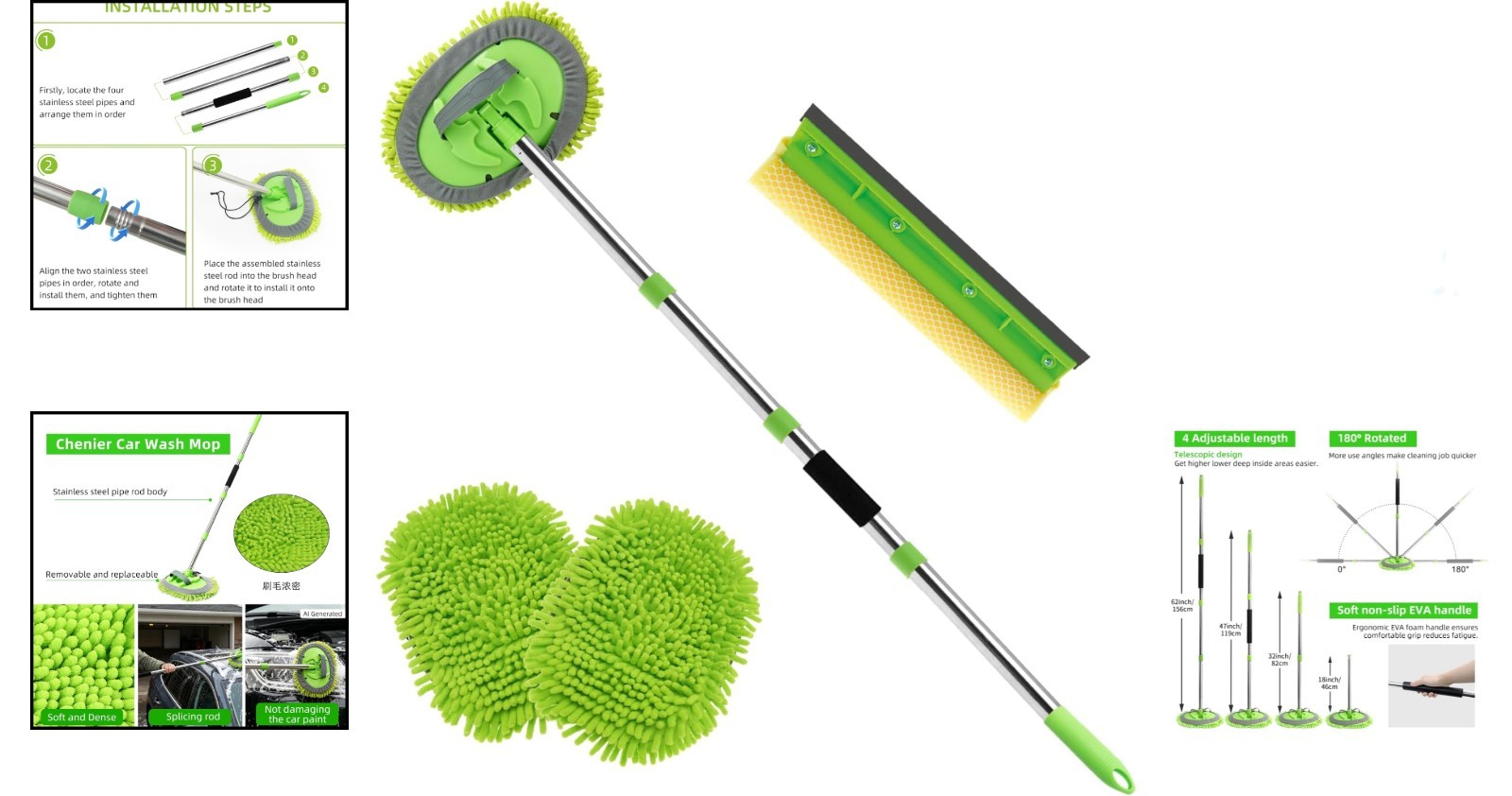 Car Wash Brush Kit – 62″” Long Handle Microfiber Cleaning Brush for Car RV Truck