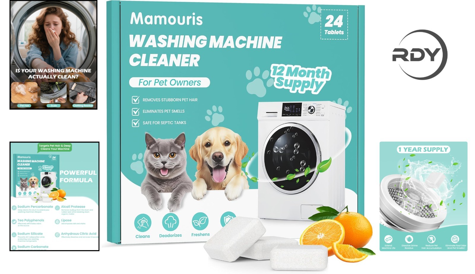 Deep Cleaning Tablets for Washing Machines – 24 Count, Odor and Pet Hair Remover